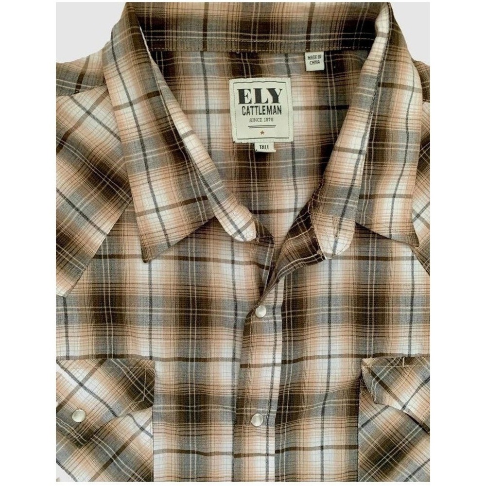 3XLT Ely Cattleman Western Wear Pearl Snap Shirt Camel Tan Plaid VGC Vtg 2000s